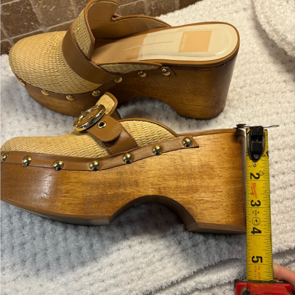 Dolce Vita Beige Woven Platform Clog Mules with Brown Trim - Picture 4 of 6